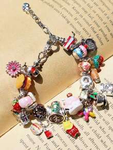 1pc Cute Summer Fruit Cake Floral Charm Bracelet, 3D, Cherry, Cake,, Hamburger, Strawberry Pendant, Adjustable Bead Bracelet, Lovely Friend - 金子 - 查看 5