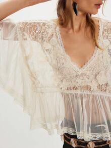 Women Y2K See Through Peplum Shirt ‌Poncho‌ Crochet Floral Embroidery Ruffle Tops Short Sleeve V Neck Babydoll Blouse Summer Vacation Beachwear Streetwear - trắng - Xem 5