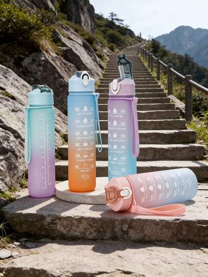 750ml Farbverlauf Mattglas Wasserflasche, Sportflasche mit Strohhalm, tragbare Plastikflasche, unisex