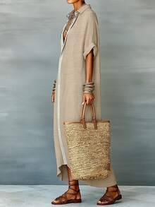 HUTENER 女士宽松翻领短袖开衫连衣裙，不对称下摆休闲度假连衣裙，适合日常通勤和夏季约会，优雅时尚 - 杏色 - 查看 6