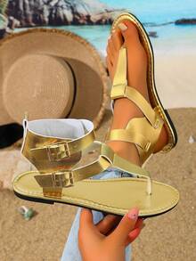 Sandalias planas casuales tipo chanclas, zapatos de playa de moda, sandalias con tiras de unicolor para el verano - Dorado - Ver 4