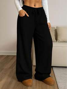 Women's Wide-Leg Pants, High Waist, Polyester, Drawstring, Suitable For Holidays, Evenings, School, Vacations, Home, Daily Wear, Office, All Year Round. - 黑色 - 查看 7