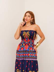 RAINBOW Strapless Long Dress Plain Printed Viscose Cheap Size 36-42 With Elastic Casual Elegant Women's For Versatile And Comfortable Looks - 65-海軍藍 - 查看 6