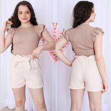 Conjunto Infantil e Juvenil para Meninas e Adolescentes Cropped Frufru Babado e Shorts Duna Clochard CJI035 - Pink e Preto - Visão 2
