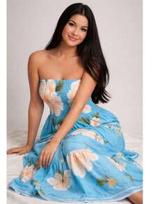 July Strapless Tropical Dress In Various Prints, 2025 Collection - flores azules - Ver 1