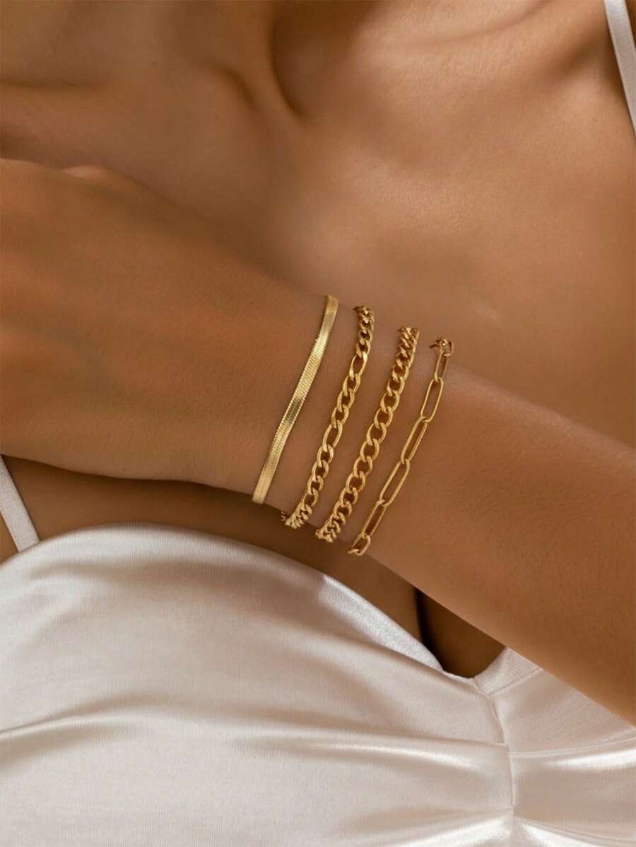 4pcs Stainless Steel Women's Bracelet Set, Snake Bone Chain + Cuban Chain + Twist Rope Chain Design, Minimalist Layered Style, Gold Color, Suitable For Daily Commute/Party Outfit - Bracelet - View 1