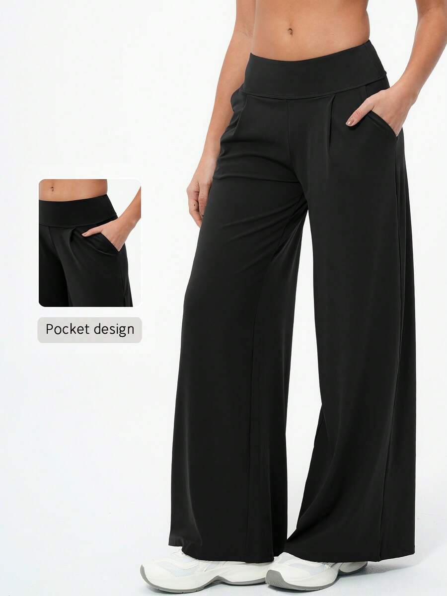 1pc Women Loose Fit Cinched Waist Pockets Wide Leg Sports Pants - Black - View 1