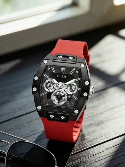 Guess Đồng hồ nam đa chức năng Phoenix GW0203G6, dây đeo silicon màu vàng, mặt số hình thùng màu đen, đồng hồ thể thao thường ngày, phù hợp với phong cách đường phố, món quà thời trang dành cho nam giới, lựa chọn lý tưởng cho bạn trai.