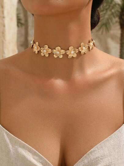 1pc Fashionable Elegant Faux Pearl Gold Flower Necklace, Suitable For Daily Wear, Party, Music Festival