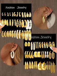 36件套时尚简约优雅复古几何结饰仿珍珠方形多层扭曲粗犷光滑简约金属C形耳环套装，适合假日、派对、约会、日常佩戴 - 金黃色 - 查看 1