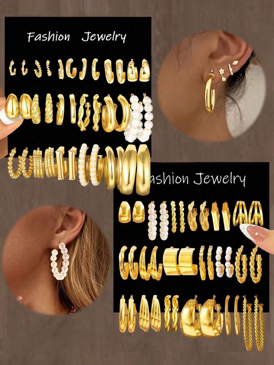 36件套时尚简约优雅复古几何结饰仿珍珠方形多层扭曲粗犷光滑简约金属C形耳环套装，适合假日、派对、约会、日常佩戴 - 金黃色 - 查看 1