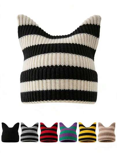 1 chiếc mũ len tai mèo kẻ sọc thời trang unisex, mũ mùa đông ấm áp dễ thương đa năng, phù hợp để đội hàng ngày vào mùa thu/đông, phụ kiện ngoài trời chắn gió, món quà tuyệt vời.