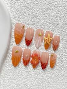 10Pcs Oceanic Fairytale Style Handmade Nail Art Set,Polygel Nail Set,Starfish, Seashells Nail Art Accessories,Includes Nail Tools,3 Sizes Available,Almond Nails , Duck Nails,Coffin Nails For Party, Dance, Daily Wear. - 彩色 - 查看 3