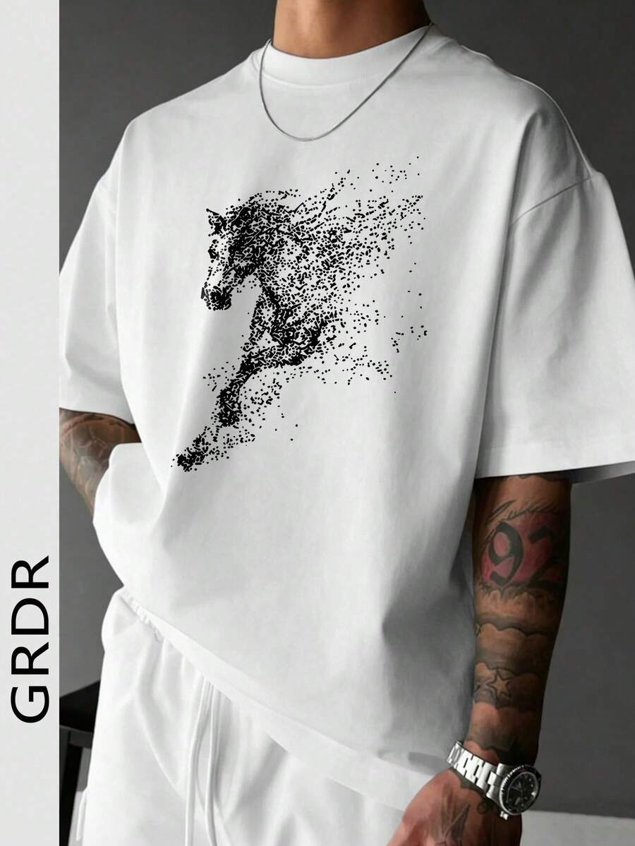 GRDR 男士休闲印花圆领短袖T恤，舒适时尚 - 白色 - 查看 1