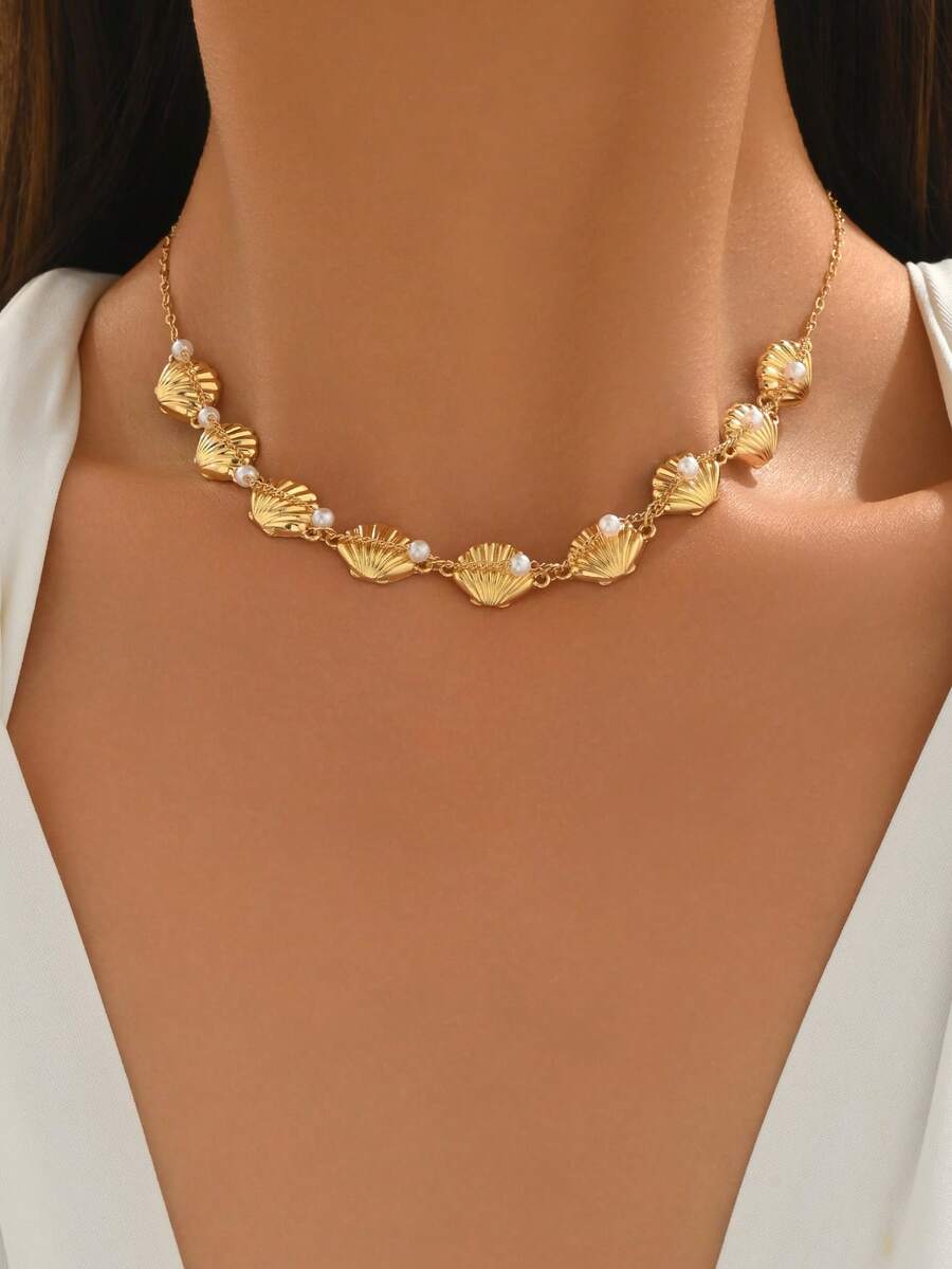 1 chiếc vòng cổ choker ngọc trai giả vỏ sò vàng, dây chuyền hai lớp, phụ kiện thời trang phong cách Bohemian bãi biển đại dương, thích hợp làm quà tặng cho phù dâu, sinh nhật, quà tặng ngày lễ. - Vàng - Xem 1