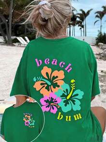 [Floral Print Beach Bum Tee] Plus Size Women's Floral Print Drop Shoulder T-Shirt | Casual Short Sleeve Crew Neck Top With "Beach Bum" Design - Comfortable Breathable Pure Fabric For Spring Summer, Oversized Fit Shirt, Soft Texture Tee Loose Fit Washed Short Sleeve T-Shirt, Street Style, Unisex, For Spring/Summer/Autumn,Valentines Day Outfit,Summer Outfits,Mother's Day,Summer Outfits,Camisas,Camisas Para Mujer,Playeras,Playeras De Mujer,Vintage,Easter Outfit Women,Mother's Day In Party Plus Size Tops - 綠色 - 查看 9
