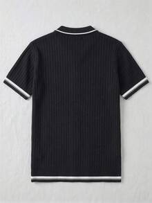 Men's Casual Vertical Ribbed Knit Polo Shirt, Contrast Trim Collar Short Sleeve Top - Black - View 6