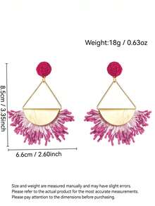 1 Pair Handmade Woven Raffia Geometric Pendant Earrings, Fashionable Unique Raffia Fan-Shaped Earrings, Suitable For Women's Daily, Vacation, And Party Wear - Hot Pink - View 6