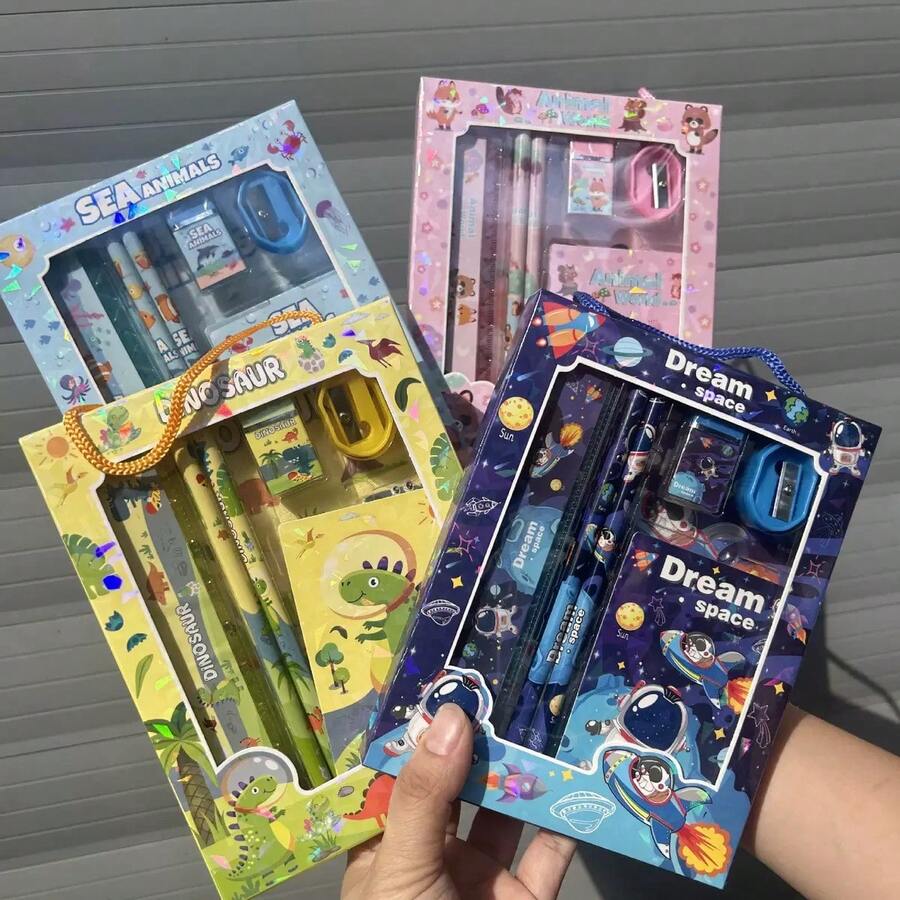 卡通儿童文具套装礼品，创意学习用品，文具盒及6件套文具，适合作为学校奖品、儿童礼物、返校礼物和学习工具。 - 彩色 - 查看 1
