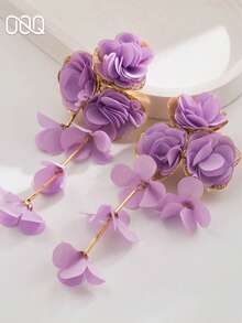 1 Đôi bông tai tua rua hoa bằng chiffon kiểu dáng nghỉ hè, thiết kế ngọt ngào phóng khoáng, sang trọng, nhiều lớp, phù hợp cho phụ nữ đeo hàng ngày, dự tiệc, đi nghỉ mát (Làm thủ công, có thể có một vài vết keo nhỏ) - Màu tím - Xem 2