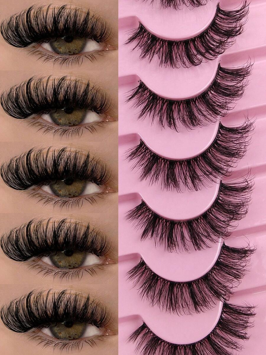7 Pairs D Curl 3D Layered Invisible Band Lashes Wispy Faux Mink Lashes Volume False Eyelashes Russian Strip Lashes That Look Like Extensions Thick Full Cat Eye Fake Eyelashes