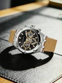 1件 Guess Continental 多功能三眼表盘男士腕表，棕色/黑色/卡其色皮革表带 - GW0262G1 - 銀色 - 查看 2