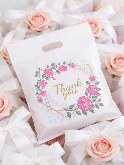 花卉图案感谢礼品袋，白色塑料礼品袋，金色箔印“谢谢”字样，三种尺寸可选，可重复使用，透明塑料材质，拉链设计，适用于婚礼、派对回礼、购物手提袋，带塑料提手，塑料自粘礼品袋，适合母亲节、派对、节日、生日、婚礼和零售商店等场合，礼品包装