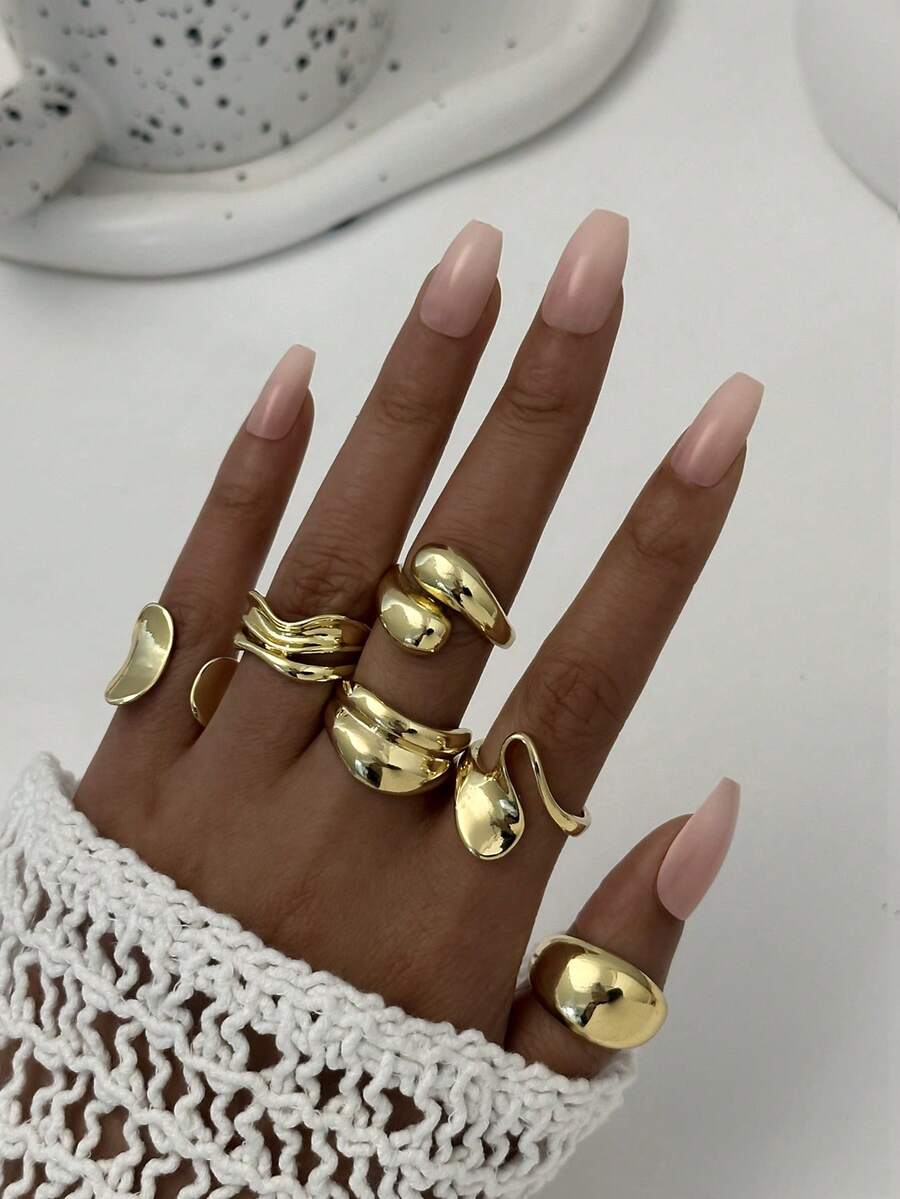 6枚个性化液态金光滑不对称水滴形戒指，小众百搭时尚女士戒指 - 金色 - 查看 1