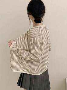 Áo khoác cardigan dệt kim kẻ sọc cho nữ, thiết kế mới độc đáo, áo len mỏng cổ tròn tay dài, chất liệu vải ngẫu nhiên. - Màu be - Xem 3