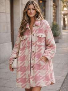 Damen-Hemdmantel, Hahnentrittmuster, rosa, mit Knöpfen, Oversized-Schnitt, gerader Schnitt, mit Kragen, weiten Ärmeln mit geknöpften Manschetten, zwei Taschen, knielang. Der Mantel passt Größen S-XL und ist ideal für Frühling/Sommer. - Pink - Übersicht 1