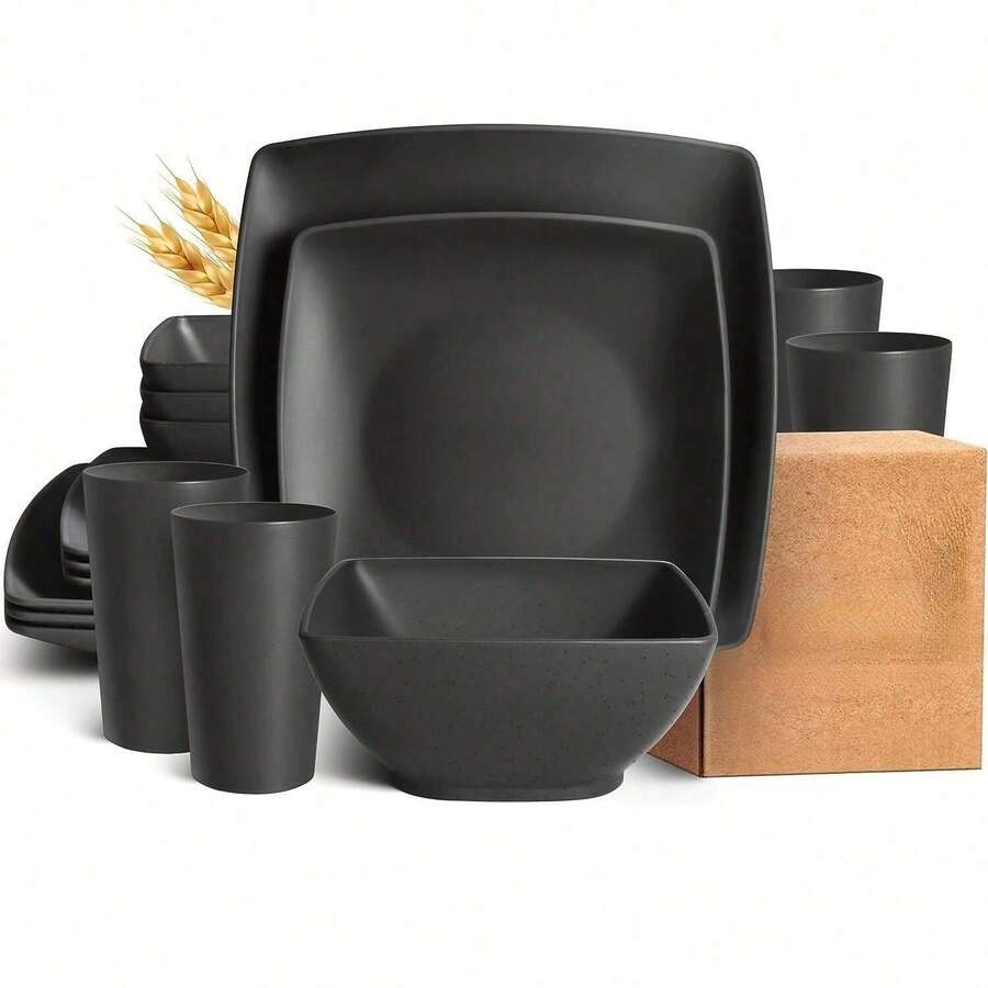 16 Pcs Plastic Square Dinnerware Set - Durable Dishwasher  Microwave , Stackable, Space-Saving - For 4 People, Includes Dinner Plates, Salad Plates, Snack Bowls, Tumblers 20 Oz. - 16件 - 查看 1