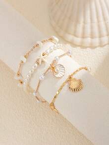 4pcs Pearl Tassel Starfish Shell Pendant Anklet Set, Gold Multi-Layer Design Jewelry Set, Women's Foot Accessory, Suitable For Daily Wear And Vacation - Yellow Gold - View 5