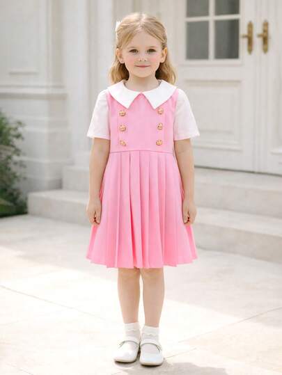 Girls' Collared Dress, White Collar Contrast Color, Double-Breasted Gold Buttons, Pleated Flared Skirt, Sweet & Preppy Style