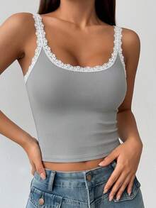 1 pieza Top tipo camiseta con parches de encaje sexy y busto acolchado, top corto de canalé sin mangas ajustado, apto para todas las estaciones - Gris - Ver 4