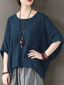 Solid Color Loose Linen Asymmetric Hem T-Shirt, Loose 3/4 Sleeve Round Neck Top, Relaxed Fit Slimming Design, Loose Batwing Sleeve Unique Top, Suitable For Commute And Casual Wear Summer - Royal Blue - View 4