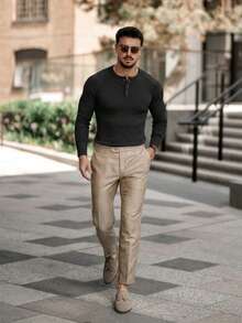 Men's Ribbed Henry Shirt Slim Fit Muscle T-Shirt Cotton Casual Long Sleeved Shirt,Suitable For Traveling, Keeping Warm As An Inner Layer, And Giving Gifts During Festivals - 黑色 - 查看 3