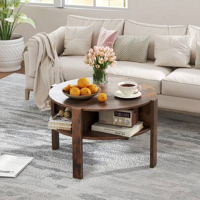  GOFLAME 2-Tier Round Coffee Table With 4 Shelves, 74.5cm Faux Wood Cocktail Table For Living Room