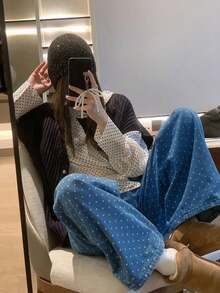 Quần jeans ống rộng chấm bi có túi cài nút dành cho nữ, kiểu dáng thường ngày đa năng, thích hợp mặc mùa xuân. - Màu xanh lam - Xem 6
