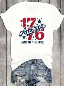 1 Piece Of 1776 American Freedom T-Shirt, Round Neck White Shirt, Women's "America 1776" T-Shirt – Vintage Distressed 1776 & Star Graphic Crew Neck Tee, 4th Of July Casual Top - 白色 - 查看 1