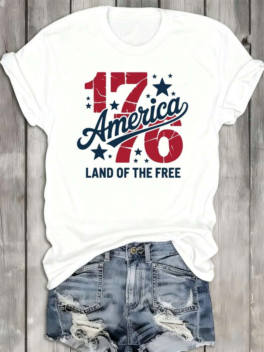 1 Piece Of 1776 American Freedom T-Shirt, Round Neck White Shirt, Women's "America 1776" T-Shirt – Vintage Distressed 1776 & Star Graphic Crew Neck Tee, 4th Of July Casual Top - 白色 - 查看 1
