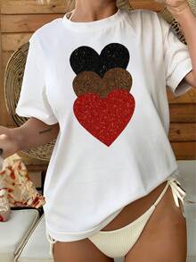 1pc Y2K Style Women's Round Neck Short Sleeve Graphic Print T-Shirt, Suitable For Summer, Beach, Street, Daily, Office, Party, Vacation, Valentine's Day, Festivals Casual White - White - View 3
