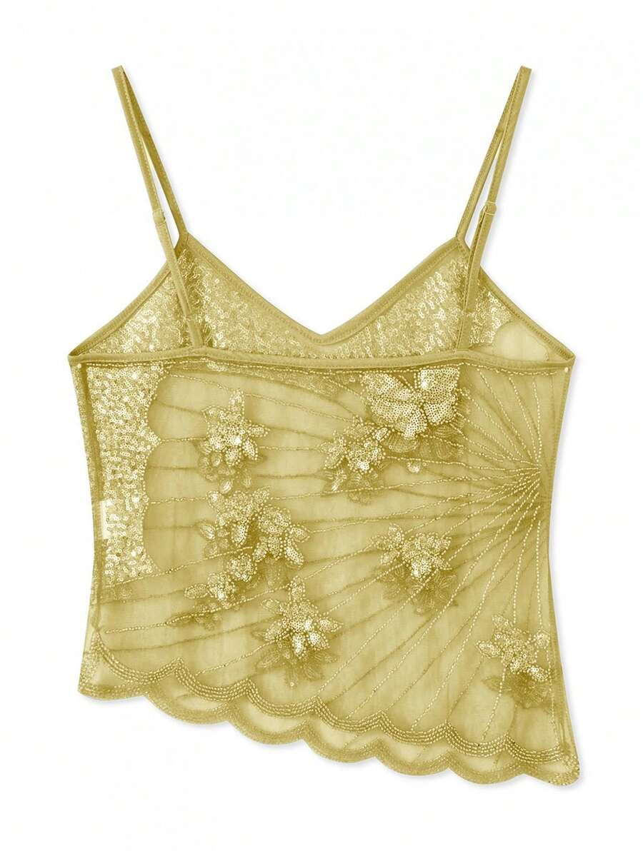 Mermaid Girl Fantasy Irregular Sequin Mesh Suspender Vest Sexy Hot Girl Top 2025 Summer Women's Design Sense - Light Yellow - View 1