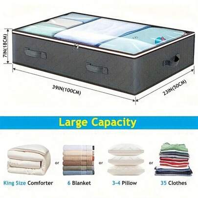 1 chiếc tủ đựng đồ dưới gầm giường bằng vải cổ điển, túi đựng đồ gấp gọn, dung tích lớn để đựng chăn, khăn, ga trải giường, áo len, gối, giấy gói và nhiều thứ khác, giải pháp lưu trữ đa chức năng cho phòng ngủ gia đình.