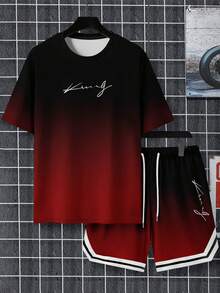 Bộ đồ nam gồm áo và quần ngắn cổ tròn tay ngắn in chữ "King" theo kiểu gradient, in hình. - Đỏ - Xem 3