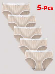5 piezas de bragas sin costuras con decoración de lazos lindos de colores aleatorios, ropa interior cómoda de unicolor para niñas para uso diario - Albaricoque - Ver 1