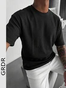 GRDR Waffle Knit Premium T-Shirt, Men's New Summer Round Neck Casual Minimalist Short Sleeve Tee - Black - View 2