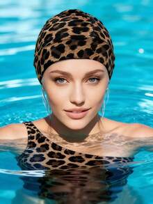 1PC Leopard Print Pleated Swim Capsuitable,Elastic Fabric, For Long Hair And Large Head Sizes,Perfect For Summer Pool Parties And Birthday Gifts. - A - View 8