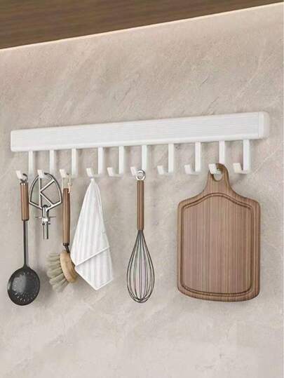 Organizador de parede para cozinha com 10 ganchos, suporte adesivo, sem necessidade de furar, fácil instalação, comporta panelas, frigideiras, utensílios, toalhas, lenços, chaves e muito mais.