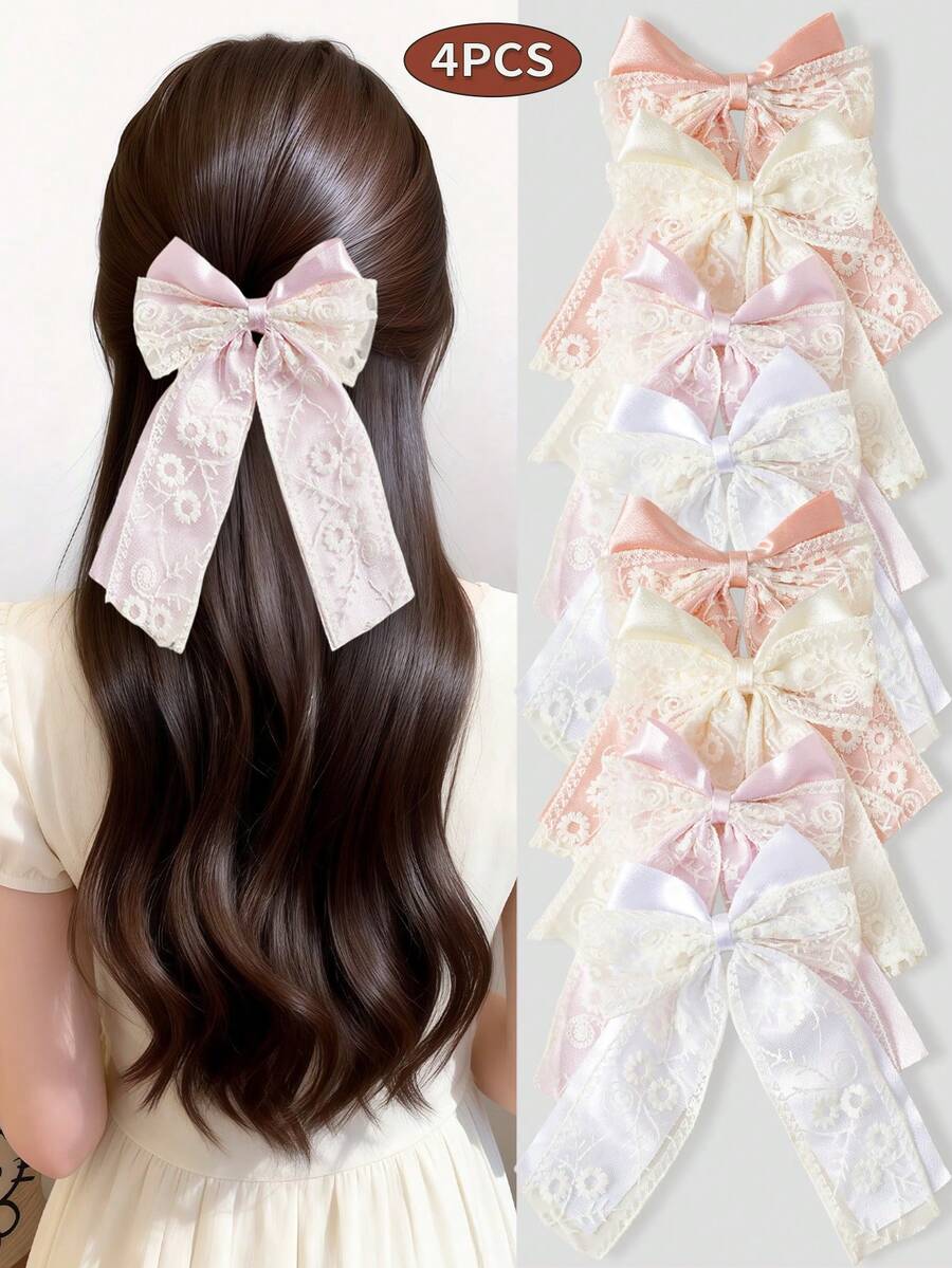 4pcs Elegant Lace Bow Ribbon Hair Clips, Versatile High-End Barrettes - Multicolor - View 1