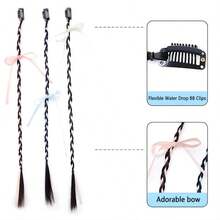 1件装人造假发马尾辫，带丝带蝴蝶结夹，合成编织双马尾发型，甜美朋克风 - 彩色 - 查看 3